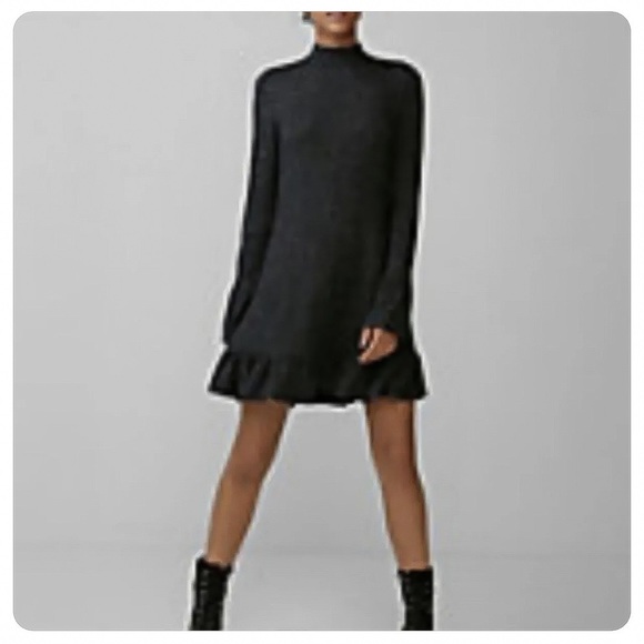 Express Women’s Gray Heathered Ruffle Long Bell Sleeve Mock Neck Dress - Picture 6 of 6